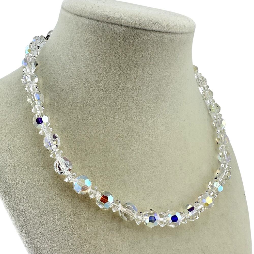 Vintage 1950s Crystal Glass Beaded Aurora Borealis MCM Retro 16” Necklace